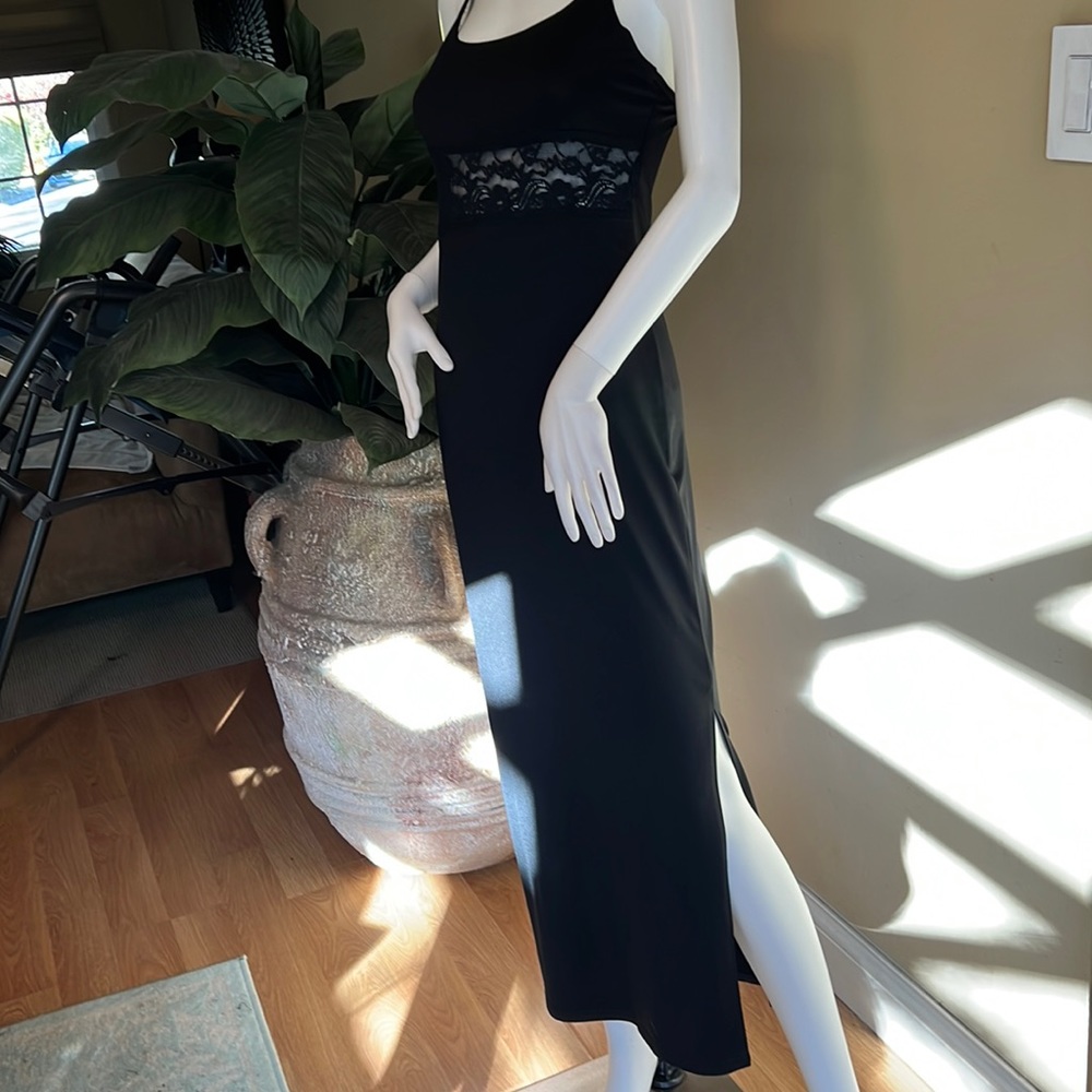 Black midi slip dress, body on